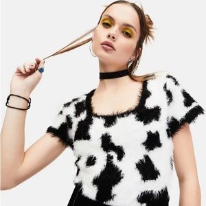 Fuzzy Cow Print Cropped Sweater Delia’s by Dolls Kill 90s Y2K